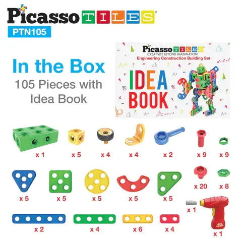 PicassoTiles 105pc Engineering Construction Set with Power Drill Picasso Tiles