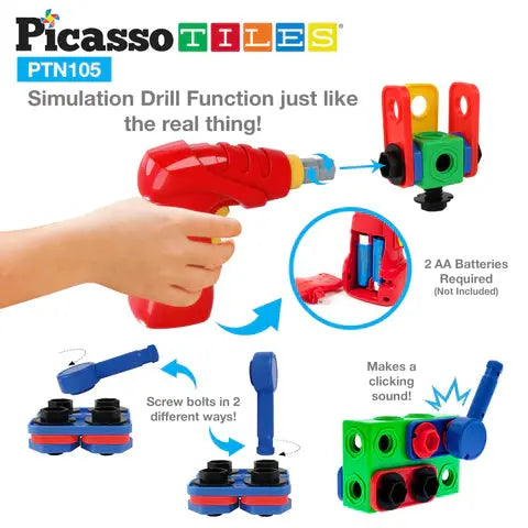 PicassoTiles 105pc Engineering Construction Set with Power Drill Picasso Tiles
