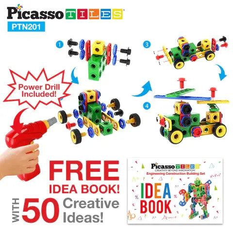 PicassoTiles 201pc Engineering Construction Set with Power Drill Picasso Tiles