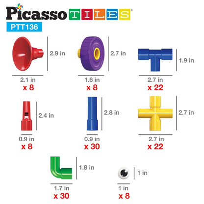 PicassoTiles PTT136 - Conjunto de 136 Peças para Construção e Desenvolvimento Infantil com Elementos Musicais Picasso Tiles