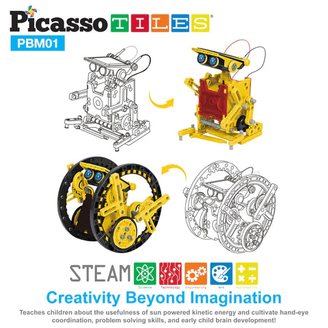 PicassoTiles 12-in-1 STEM Kids Solar Powered Space Robot Science Kit PBM01