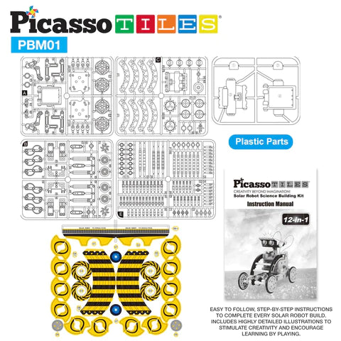 PicassoTiles 12-in-1 STEM Kids Solar Powered Space Robot Science Kit PBM01