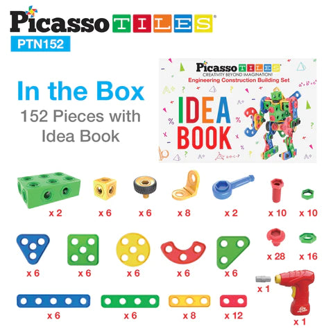 PicassoTiles 152pc Engineering Construction Set with Power Drill