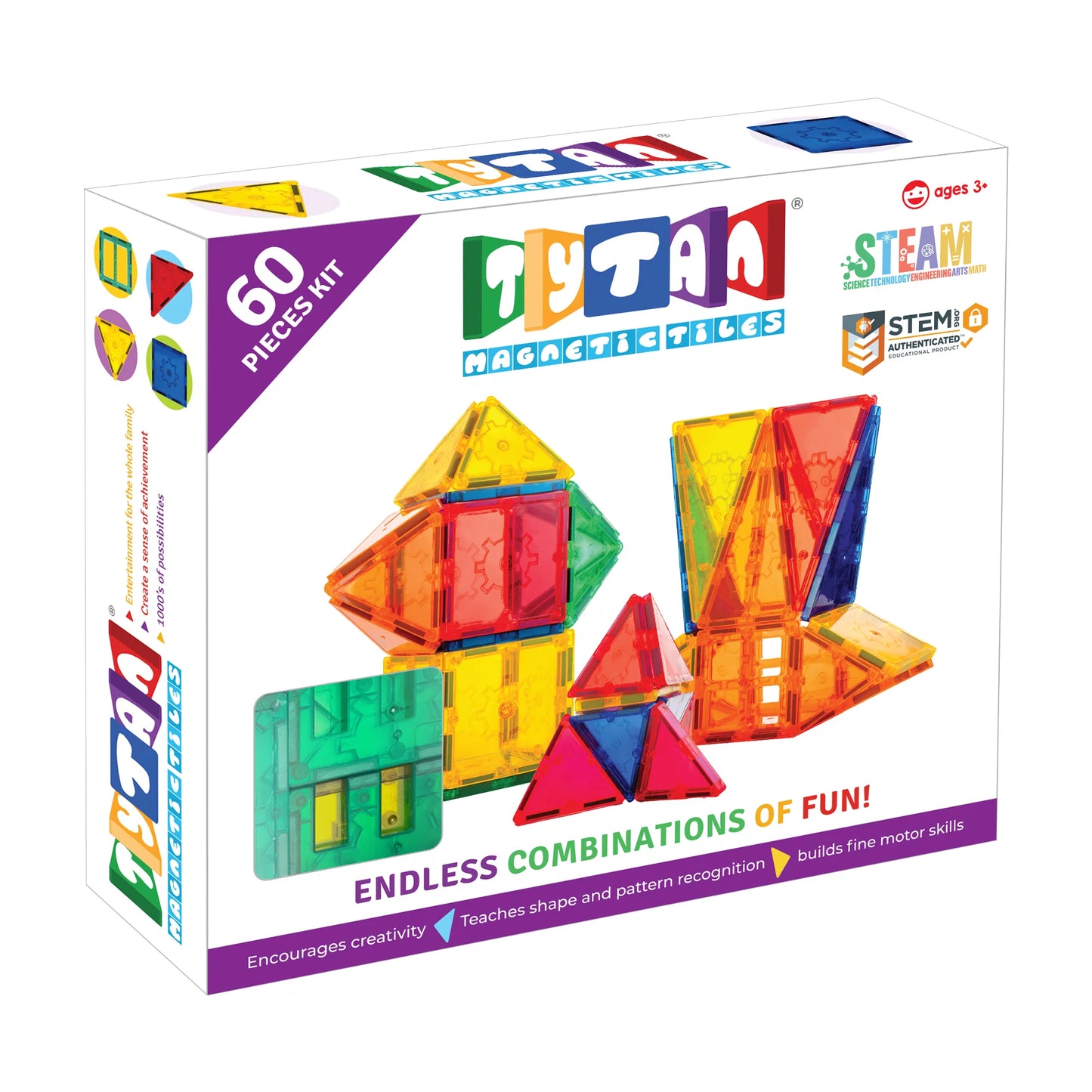 Tytan Magnetic Learning Tiles 60 Piece Building Set Focused on STEM Education w/ Included Car & Carrying Bag
